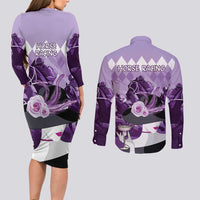 Kentucky Horse Racing Couples Matching Long Sleeve Bodycon Dress and Long Sleeve Button Shirt Derby Mint Julep Girl - Purple Pastel LT14