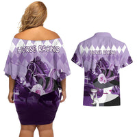Kentucky Horse Racing Couples Matching Off Shoulder Short Dress and Hawaiian Shirt Derby Mint Julep Girl - Purple Pastel LT14