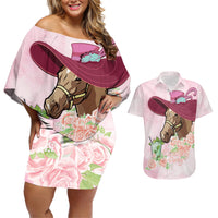 Kentucky Horse Racing Couples Matching Off Shoulder Short Dress and Hawaiian Shirt Derby Mint Julep With Roses - Wonder Print Shop