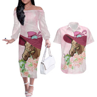 Kentucky Horse Racing Couples Matching Off The Shoulder Long Sleeve Dress and Hawaiian Shirt Derby Mint Julep With Roses - Wonder Print Shop