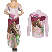 Kentucky Horse Racing Couples Matching Summer Maxi Dress and Long Sleeve Button Shirt Derby Mint Julep With Roses - Wonder Print Shop