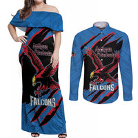 Custom Antigua and Barbuda Cricket Couples Matching Off Shoulder Maxi Dress and Long Sleeve Button Shirt Go Champions Falcons