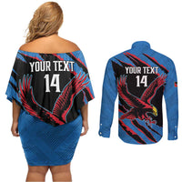 Custom Antigua and Barbuda Cricket Couples Matching Off Shoulder Short Dress and Long Sleeve Button Shirt Go Champions Falcons