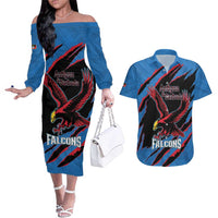 Custom Antigua and Barbuda Cricket Couples Matching Off The Shoulder Long Sleeve Dress and Hawaiian Shirt Go Champions Falcons