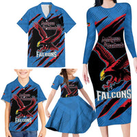 Custom Antigua and Barbuda Cricket Family Matching Long Sleeve Bodycon Dress and Hawaiian Shirt Go Champions Falcons
