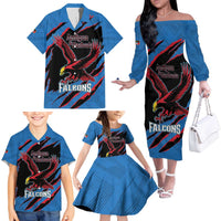 Custom Antigua and Barbuda Cricket Family Matching Off The Shoulder Long Sleeve Dress and Hawaiian Shirt Go Champions Falcons