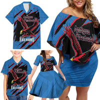 Custom Antigua and Barbuda Cricket Family Matching Off Shoulder Short Dress and Hawaiian Shirt Go Champions Falcons