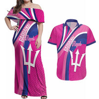 Custom Barbados Royals Cricket Couples Matching Off Shoulder Maxi Dress and Hawaiian Shirt Go Champions Tridents Pink Version