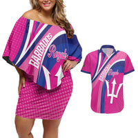 Custom Barbados Royals Cricket Couples Matching Off Shoulder Short Dress and Hawaiian Shirt Go Champions Tridents Pink Version