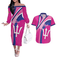 Custom Barbados Royals Cricket Couples Matching Off The Shoulder Long Sleeve Dress and Hawaiian Shirt Go Champions Tridents Pink Version