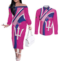Custom Barbados Royals Cricket Couples Matching Off The Shoulder Long Sleeve Dress and Long Sleeve Button Shirt Go Champions Tridents Pink Version