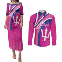 Custom Barbados Royals Cricket Couples Matching Puletasi and Long Sleeve Button Shirt Go Champions Tridents Pink Version
