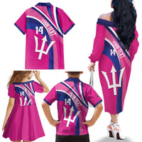 Custom Barbados Royals Cricket Family Matching Off The Shoulder Long Sleeve Dress and Hawaiian Shirt Go Champions Tridents Pink Version