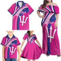 Custom Barbados Royals Cricket Family Matching Off Shoulder Maxi Dress and Hawaiian Shirt Go Champions Tridents Pink Version