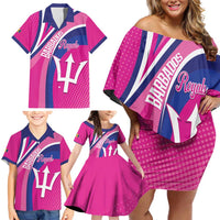 Custom Barbados Royals Cricket Family Matching Off Shoulder Short Dress and Hawaiian Shirt Go Champions Tridents Pink Version
