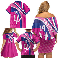 Custom Barbados Royals Cricket Family Matching Off Shoulder Short Dress and Hawaiian Shirt Go Champions Tridents Pink Version