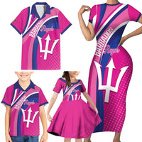 Custom Barbados Royals Cricket Family Matching Short Sleeve Bodycon Dress and Hawaiian Shirt Go Champions Tridents Pink Version
