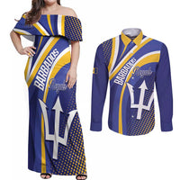 Custom Barbados Royals Cricket Couples Matching Off Shoulder Maxi Dress and Long Sleeve Button Shirt Go Champions Tridents Yellow Version