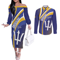 Custom Barbados Royals Cricket Couples Matching Off The Shoulder Long Sleeve Dress and Long Sleeve Button Shirt Go Champions Tridents Yellow Version