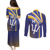 Custom Barbados Royals Cricket Couples Matching Puletasi and Long Sleeve Button Shirt Go Champions Tridents Yellow Version