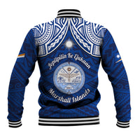 Marshall Islands Baseball Jacket Blue Polynesian Tribal Mix Coat Of Arms - Wonder Print Shop