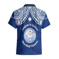 Marshall Islands Hawaiian Shirt Blue Polynesian Tribal Mix Coat Of Arms - Wonder Print Shop