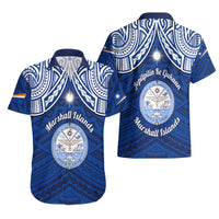 Marshall Islands Hawaiian Shirt Blue Polynesian Tribal Mix Coat Of Arms - Wonder Print Shop
