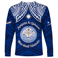 Marshall Islands Long Sleeve Shirt Blue Polynesian Tribal Mix Coat Of Arms - Wonder Print Shop