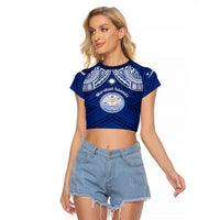 Marshall Islands Raglan Cropped T Shirt Blue Polynesian Tribal Mix Coat Of Arms - Wonder Print Shop