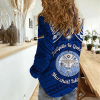 Marshall Islands Women Casual Shirt Blue Polynesian Tribal Mix Coat Of Arms - Wonder Print Shop