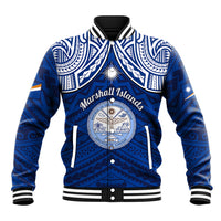 Personalised Marshall Islands Baseball Jacket Blue Polynesian Tribal Mix Coat Of Arms - Wonder Print Shop
