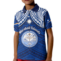 Personalised Marshall Islands Kid Polo Shirt Blue Polynesian Tribal Mix Coat Of Arms - Wonder Print Shop