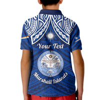 Personalised Marshall Islands Kid Polo Shirt Blue Polynesian Tribal Mix Coat Of Arms - Wonder Print Shop
