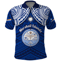 Personalised Marshall Islands Polo Shirt Blue Polynesian Tribal Mix Coat Of Arms - Wonder Print Shop