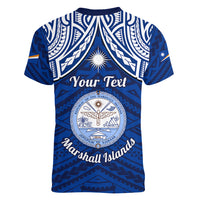 Personalised Marshall Islands Women V Neck T Shirt Blue Polynesian Tribal Mix Coat Of Arms - Wonder Print Shop