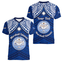 Personalised Marshall Islands Women V Neck T Shirt Blue Polynesian Tribal Mix Coat Of Arms - Wonder Print Shop