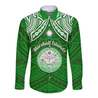 Personalised Marshall Islands Long Sleeve Button Shirt Green Polynesian Tribal Mix Coat Of Arms - Wonder Print Shop