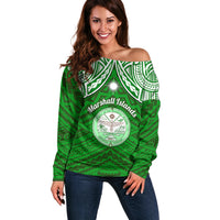 Personalised Marshall Islands Off Shoulder Sweater Green Polynesian Tribal Mix Coat Of Arms - Wonder Print Shop