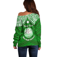 Personalised Marshall Islands Off Shoulder Sweater Green Polynesian Tribal Mix Coat Of Arms - Wonder Print Shop