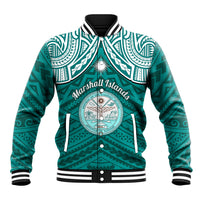 Personalised Marshall Islands Baseball Jacket Turquoise Polynesian Tribal Mix Coat Of Arms - Wonder Print Shop
