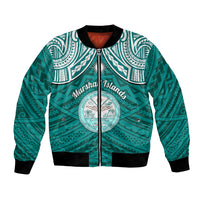 Personalised Marshall Islands Bomber Jacket Turquoise Polynesian Tribal Mix Coat Of Arms - Wonder Print Shop