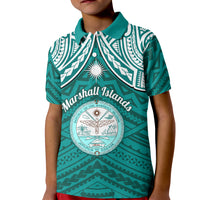 Personalised Marshall Islands Kid Polo Shirt Turquoise Polynesian Tribal Mix Coat Of Arms - Wonder Print Shop