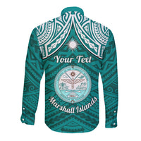 Personalised Marshall Islands Long Sleeve Button Shirt Turquoise Polynesian Tribal Mix Coat Of Arms - Wonder Print Shop