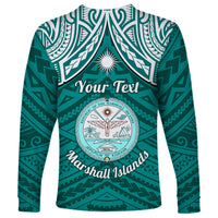 Personalised Marshall Islands Long Sleeve Shirt Turquoise Polynesian Tribal Mix Coat Of Arms - Wonder Print Shop