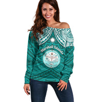 Personalised Marshall Islands Off Shoulder Sweater Turquoise Polynesian Tribal Mix Coat Of Arms - Wonder Print Shop