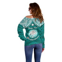 Personalised Marshall Islands Off Shoulder Sweater Turquoise Polynesian Tribal Mix Coat Of Arms - Wonder Print Shop