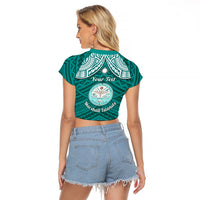 Personalised Marshall Islands Raglan Cropped T Shirt Turquoise Polynesian Tribal Mix Coat Of Arms - Wonder Print Shop