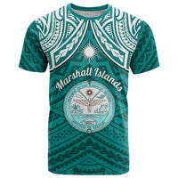 Personalised Marshall Islands T Shirt Turquoise Polynesian Tribal Mix Coat Of Arms - Wonder Print Shop