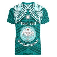 Personalised Marshall Islands Women V Neck T Shirt Turquoise Polynesian Tribal Mix Coat Of Arms - Wonder Print Shop