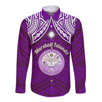 Personalised Marshall Islands Long Sleeve Button Shirt Purple Polynesian Tribal Mix Coat Of Arms - Wonder Print Shop